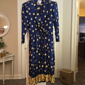 Maggy London Jeannene Booher Vintage 100% Silk Dress Navy Yellow Floral 14 80s